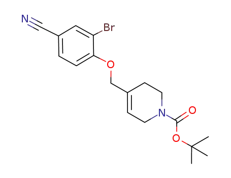 Molecular Structure of 1025687-92-6 (4-(2-bromo-4-cyano-phenoxymethyl)-3,6-dihydro-(2H)-pyridine-1-carboxylic acid tert-butyl ester)