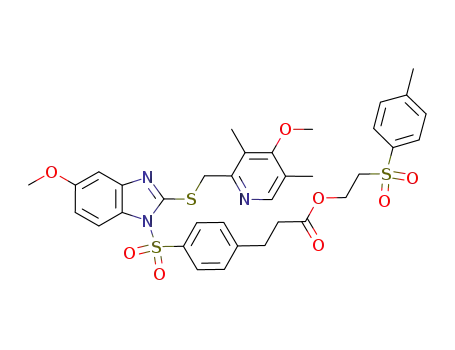 Molecular Structure of 651729-90-7 (3-[4-(5-methoxy-2-(4-methoxy-3,5-dimethyl-pyridin-2-ylmethylsulfanyl)benzimidazole-1-sulfonyl)-phenyl]-propionic acid 2-(toluene-4-sulfonyl)ethyl ester)