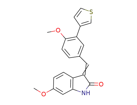 Molecular Structure of 258829-57-1 (6-methoxy-3-(4-methoxy-3-thiophen-3-ylbenzylidene)-1,3-dihydroindol-2-one)