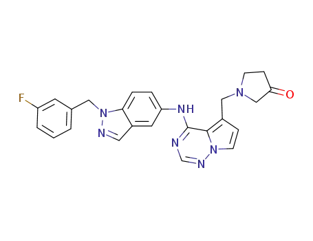 Molecular Structure of 529509-31-7 (1-{4[1-(3-Fluoro-benzyl)-1H-indazol-5-ylamino]-pyrrolo[2,1-f][1,2,4]triazin-5-ylmethyl}-pyrrolidin-3-one)