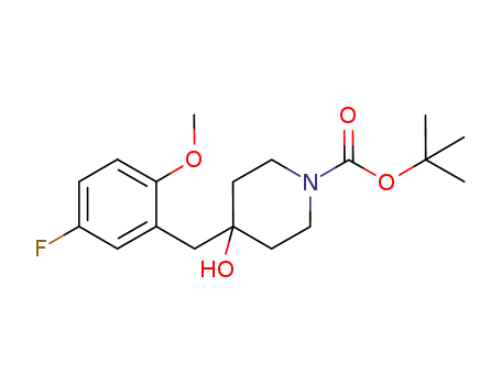 Molecular Structure of 644968-01-4 (4-[(5-fluoro-2-methoxyphenyl)methyl]-4-hydroxy-1-piperidinecarboxylic acid 1,1-dimethylethyl ester)