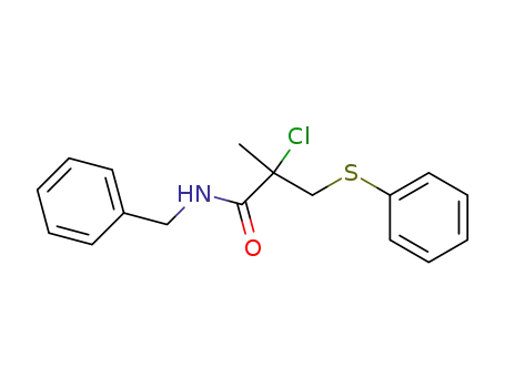 Molecular Structure of 83375-60-4 (Propanamide, 2-chloro-2-methyl-N-(phenylmethyl)-3-(phenylthio)-)