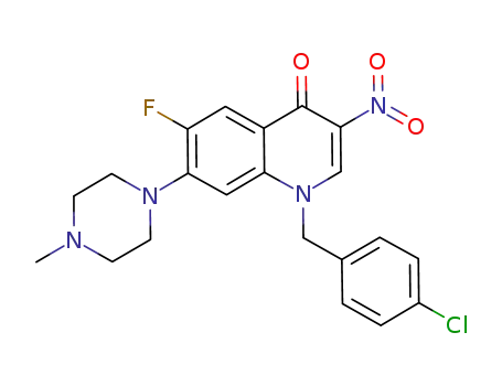Molecular Structure of 918790-47-3 (4(1H)-Quinolinone,
1-[(4-chlorophenyl)methyl]-6-fluoro-7-(4-methyl-1-piperazinyl)-3-nitro-)