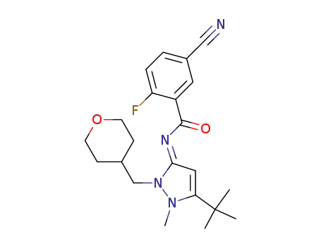 Molecular Structure of 1217421-01-6 (N-[(3E)-5-tert-butyl-1-methyl-2-(tetrahydro-2H-pyran-4-ylmethyl)-1,2-dihydro-3H-pyrazol-3-ylidene]-5-cyano-2-fluorobenzamide)