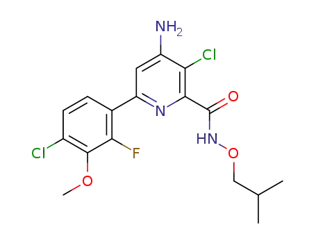 Molecular Structure of 1242164-27-7 (4-amino-3-chloro-6-(4-chloro-2-fluoro-3-methoxyphenyl)-N-(2-methylpropoxy)picolinamide)