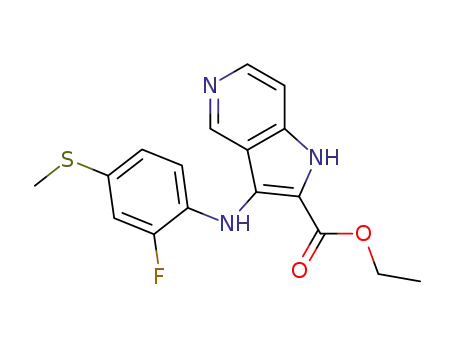 Molecular Structure of 1030382-75-2 (3-(2-fluoro-4-methylsulfanyl-phenylamino)-1H-pyrrolo[3,2-c]pyridine-2-carboxylic acid ethyl ester)