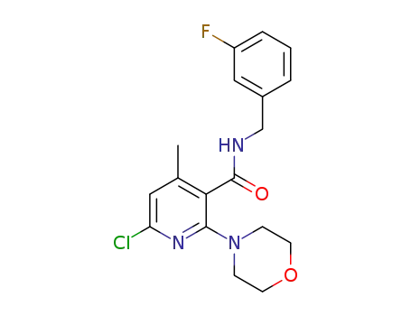 Molecular Structure of 1373489-41-8 (6-chloro-N-[(3-fluorophenyl)-methyl]-4-methyl-2-morpholin-4-yl-pyridine-3-carboxylic acid amide)