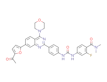 Molecular Structure of 1374203-83-4 (4-(3-(4-(7-(5-acetylfuran-2-yl)-4-morpholino-quinazolin-2-yl)phenyl)ureido)-2-fluoro-N,N-dimethyl-benzamide)