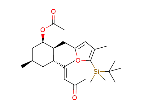 Molecular Structure of 756532-77-1 (3-Penten-2-one,
4-[(1R,2S,3R,5R)-3-(acetyloxy)-2-[[5-[(1,1-dimethylethyl)dimethylsilyl]-4-
methyl-2-furanyl]methyl]-5-methylcyclohexyl]-, (3E)-)