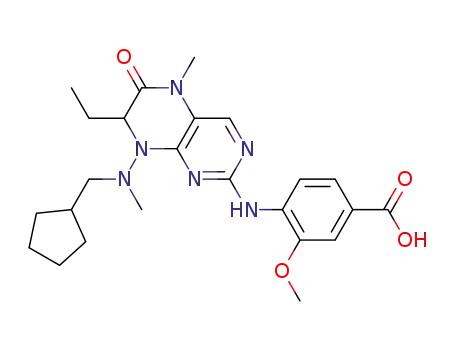 Molecular Structure of 1192166-75-8 (4-(8-((cyclopentylmethyl)(methyl)amino)-7-ethyl-5-methyl-6-oxo-5,6,7,8-tetrahydropteridin-2-ylamino)-3-methoxybenzoic acid)