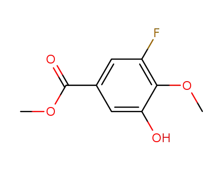Molecular Structure of 838856-88-5 (Benzoic acid, 3-fluoro-5-hydroxy-4-methoxy-, methyl ester (9CI))