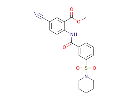 Molecular Structure of 668261-72-1 (Benzoic acid, 5-cyano-2-[[3-(1-piperidinylsulfonyl)benzoyl]amino]-,
methyl ester)