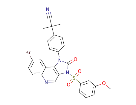 Molecular Structure of 1260167-48-3 (2-(4-(8-bromo-3-(3-methoxyphenylsulfonyl)-2-oxo-2,3-dihydro-1H-imidazo[4,5-c]quinolin-1-yl)phenyl)-2-methylpropanenitrile)
