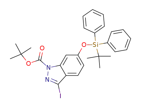 Molecular Structure of 1204772-92-8 (tert-butyl 6-((tert-butyldiphenylsilyl)oxy)-3-iodo-1H-indazole-1-carboxylate)