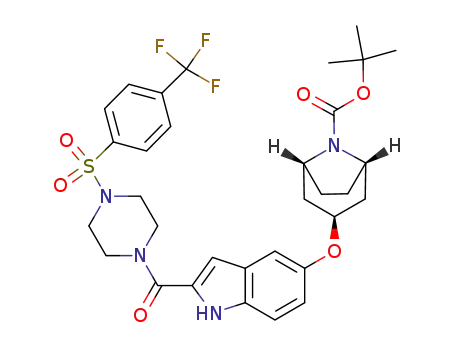 Molecular Structure of 1044761-07-0 ((1R,3R,5S)-3-{2-[4-(4-trifluoromethyl-benzenesulfonyl)-piperazine-1-carbonyl]-1H-indol-5-yloxy}-8-aza-bicyclo[3.2.1]octane-8-carboxylic acid tert-butyl ester)