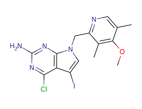 Molecular Structure of 911397-54-1 (4-Chloro-5-iodo-7-((4-methoxy-3,5-dimethylpyridin-2-yl)methyl)-7H-pyrrolo[2,3-d]pyrimidin-2-amine)