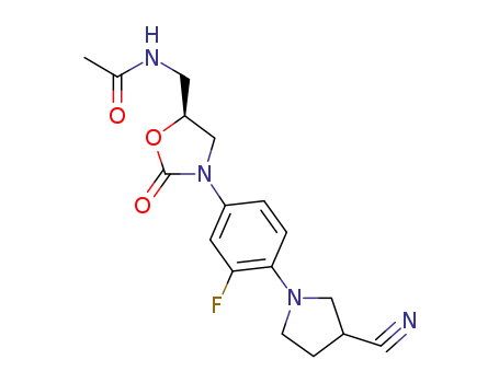 Molecular Structure of 1202878-52-1 (N-{(5S)-3-[3-fluoro-4-(3-cyanopyrrolidin-1-yl)phenyl]-2-oxo-5-oxazolidinylmethyl}acetamide)