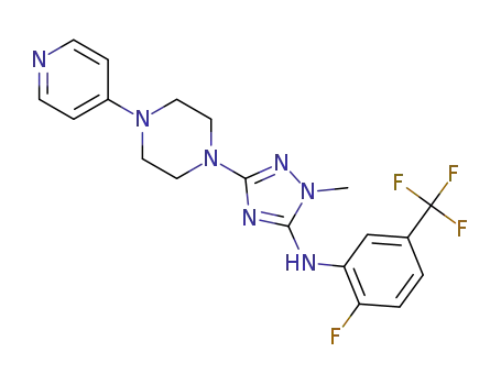 Molecular Structure of 1400691-85-1 (N-[2-fluoro-5-(trifluoromethyl)phenyl]-1-methyl-3-[4-(4-pyridinyl)-1-piperazinyl]-1H-1,2,4-triazol-5-amine)