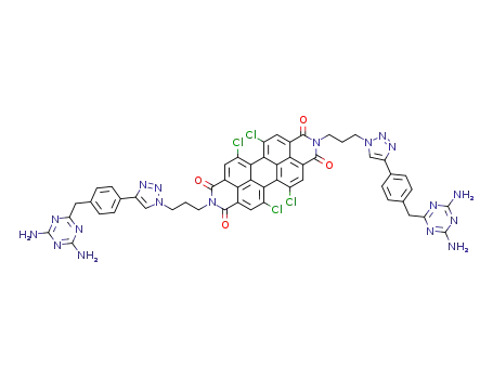 Molecular Structure of 1353346-40-3 (5,6,12,13-tetrachloro-2,9-bis(3-(4-(4-((4,6-diamino-1,3,5-triazin-2-yl)methyl)phenyl)-1H-1,2,3-triazol-1-yl)propyl)anthra[2,1,9-def:6,5,10-d'e'f']diisoquinoline-1,3,8,10(2H,9H)-tetraone)