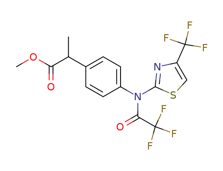 Molecular Structure of 1217896-34-8 (methyl 2-(4-{(trifluoroacetyl)[4-(trifluoromethyl)-1,3-thiazol-2-yl]amino}phenyl)propanoate)