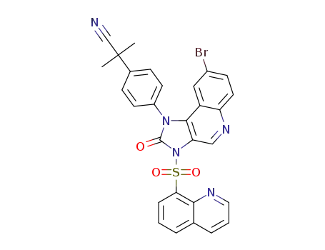 Molecular Structure of 1260167-42-7 (2-(4-(8-bromo-2-oxo-3-(quinolin-8-ylsulfonyl)-2,3-dihydro-1H-imidazo[4,5-c]quinolin-1-yl)phenyl)-2-methylpropanenitrile)