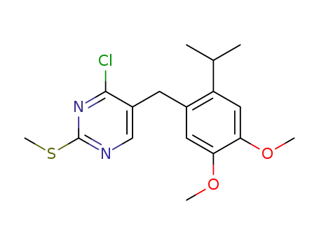 Molecular Structure of 865305-13-1 (Pyrimidine,
4-chloro-5-[[4,5-dimethoxy-2-(1-methylethyl)phenyl]methyl]-2-(methylthio
)-)