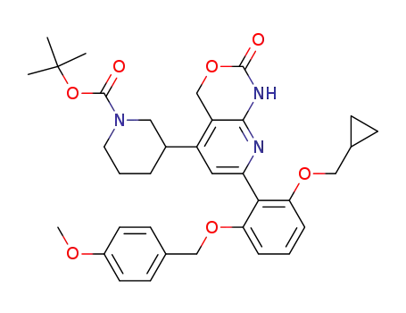 Molecular Structure of 406213-01-2 (1-Piperidinecarboxylic acid, 3-[7-[2-(cyclopropylmethoxy)-6-[(4-methoxyphenyl)methoxy]phenyl]-1,4-dihydro-2-oxo-2H-pyrido[2,3-d][1,3]oxazin-5-yl]-, 1,1-dimethylethyl ester)