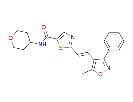 Molecular Structure of 1254969-09-9 (2-[(E)-2-(5-methyl-3-phenyl-isoxazol-4-yl)-vinyl]-thiazole-5-carboxylic acid (tetra-hydro-pyran-4-yl)-amide)