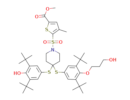 Molecular Structure of 1402049-56-2 (5-{4-(3,5-di-tert-butyl-4-hydroxyphenylsulfanyl)-4-[3,5-di-tert-butyl-4-(3-hydroxypropoxy)phenylsulfanyl]piperidine-1-sulfonyl}-4-methyl-thiophene-2-carboxylic acid methyl ester)