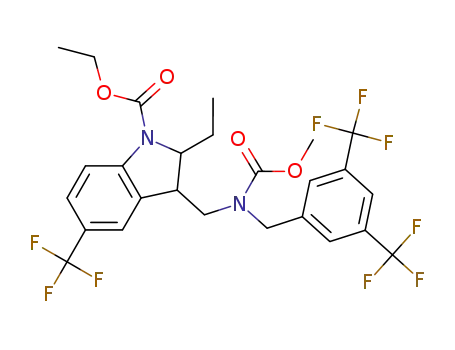 Molecular Structure of 880557-03-9 (1H-Indole-1-carboxylic acid,
3-[[[[3,5-bis(trifluoromethyl)phenyl]methyl](methoxycarbonyl)amino]meth
yl]-2-ethyl-2,3-dihydro-5-(trifluoromethyl)-, ethyl ester)