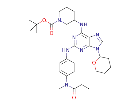 Molecular Structure of 1254783-88-4 (tert-butyl-3-(2-(4-(N-methylpropionamido)phenylamino)-9-(tetrahydro-2H-pyran-2-yl)-9H-purin-6-ylamino)piperidine-1-carboxylate)