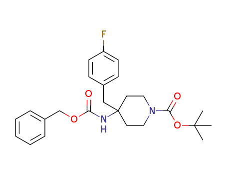 Molecular Structure of 1091681-78-5 (4-benzyloxycarbonylamino-4-(4-fluoro-benzyl)-piperidine-1-carboxylic acid tert-butyl ester)