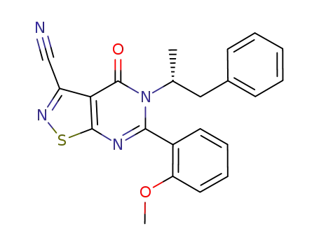 Molecular Structure of 1094619-99-4 ((R)-6-(2-methoxyphenyl)-4-oxo-5-(1-phenylpropan-2-yl)-isothiazolo[5,4-d]pyrimidine-3-carbonitrile)