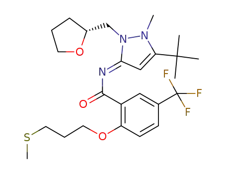 Molecular Structure of 1217401-51-8 (N-{(3E)-5-tert-butyl-1-methyl-2-[(2R)-tetrahydrofuran-2-ylmethyl]-1,2-dihydro-3H-pyrazol-3-ylidene}-2-[3-(methylthio)propoxy]-5-(trifluoromethyl)benzamide)