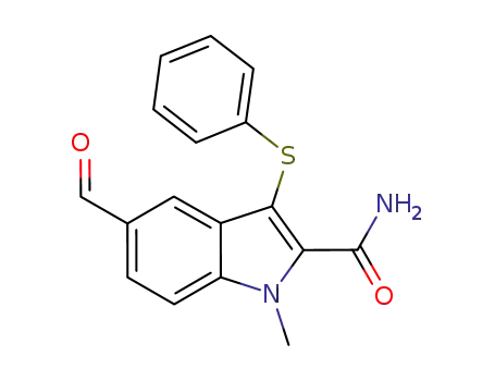 Molecular Structure of 877998-67-9 (1H-Indole-2-carboxamide, 5-formyl-1-methyl-3-(phenylthio)-)
