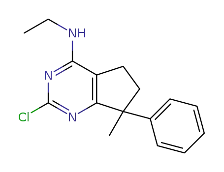 Molecular Structure of 1263869-71-1 (2-chloro-N-ethyl-7-methyl-7-phenyl-6,7-dihydro-5H-cyclopenta[d]pyrimidin-4-amine)