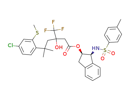 Molecular Structure of 1198785-22-6 (5-(4-chloro-2-methylsulfanylphenyl)-3-hydroxy-5-methyl-3-trifluoromethylhexanoic acid (1S,2R)-1-(toluene-4-sulfonylamino)indan-2-yl ester)