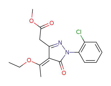 Molecular Structure of 1217799-18-2 (methyl [(4E)-1-(2-chlorophenyl)-4-(1-ethoxyethylidene)-5-oxo-4,5-dihydro-1H-pyrazol-3-yl]acetate)
