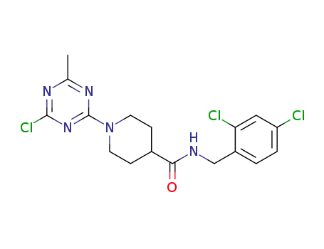 Molecular Structure of 1141896-03-8 (1-(4-chloro-6-methyl-1,3,5-triazin-2-yl)-N-[(2,4-dichlorophenyl)methyl]-4-piperidinecarboxamide)