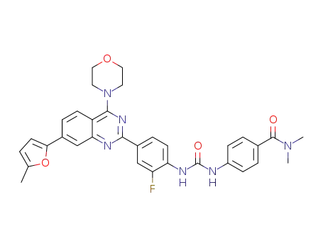Molecular Structure of 1374203-78-7 (4-(3-{2-fluoro-4-[7-(5-methyl-furan-2-yl)4-morpholin-4-yl-quinazolin-2-yl]-phenyl}ureido)dimethyl-benzamide)