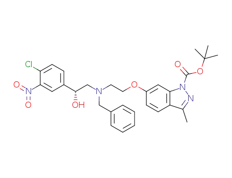 Molecular Structure of 1221179-41-4 ((R)-tert-butyl 6-(2-(benzyl(2-(4-chloro-3-nitrophenyl)-2-hydroxyethyl)amino)ethoxy)-3-methylindazole-1-carboxylate)