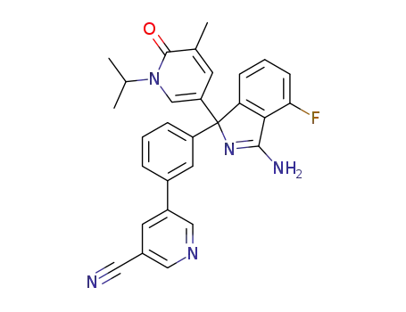 Molecular Structure of 1383846-85-2 (5-(3-(3-Amino-4-fluoro-1-(1-isopropyl-5-methyl-6-oxo-1,6-dihydropyridin-3-yl)-1H-isoindol-1-yl)phenyl)nicotinonitrile)