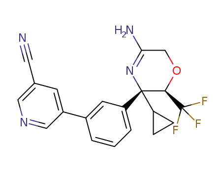 Molecular Structure of 1352417-58-3 ((5R,6S)-5-{3-[5-amino-3-cyclopropyl-2-(trifluoromethyl)-3,6-dihydro-2H-1,4-oxazin-3-yl]phenyl}pyridine-3-carbonitrile)