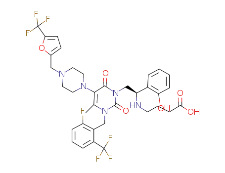 Molecular Structure of 1308379-62-5 (4-[(R)-2-{3-(2-fluoro-6-trifluoromethyl-benzyl)-4-methyl-2,6-dioxo-5-[4-(5-trifluoromethyl-furan-2-ylmethyl)-piperazin-1-yl]-3,6-dihydro-2H-pyrimidin-1-yl}-1-(2-hydroxy-phenyl)-ethylamino]-butyric acid)