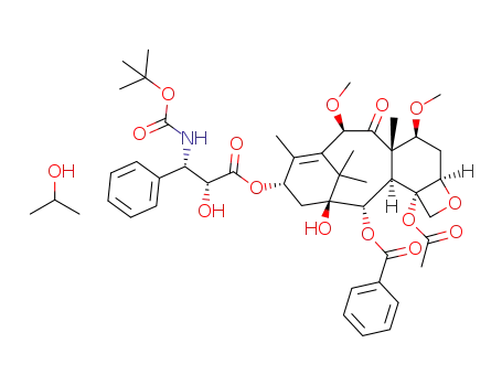 Molecular Structure of 1402820-62-5 ((αR, βS)-α-hydroxy-β-[[(1,1-dimethylethoxy)carbonyl]amino]benzene-propanoic acid (2aR,4S,4aS,6R,9S,11S,12S,12aR,12bS)-12b-(acetyloxy)-12-(benzoyloxy)-2a,3,4,4a,5,6,9,10,1112,12a,12b-dodecahydro-11-hydroxy-4,6-dimethoxy-4a,8,13,13-tetramethyl-5-oxo-7,11-methano-1H-cyclodeca[3,4]benz[1,2-b]oxet-9-yl ester isopropanol solvate)