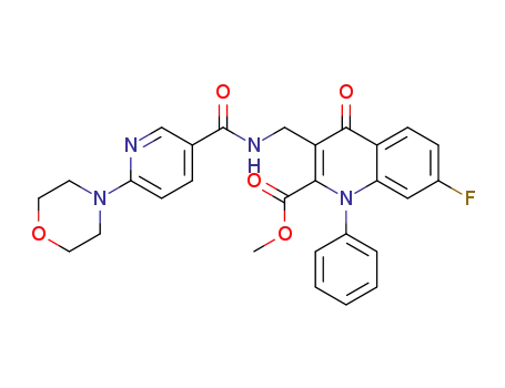 Molecular Structure of 1418025-23-6 (7-fluoro-3-{[(6-morpholin-4-yl-pyridine-3-carbonyl)amino]methyl}-4-oxo-1-phenyl-1,4-dihydro-quinoline-2-carboxylic acid methyl ester)