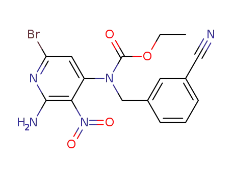 Molecular Structure of 947145-74-6 ((2-amino-6-bromo-3-nitro-pyridin-4-yl)-(3-cyano-benzyl)-carbamic acid ethyl ester)
