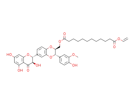 Molecular Structure of 1638098-48-2 (1-((3-(4-hydroxy-3-methoxyphenyl)-6-(3,5,7-trihydroxy-4-oxochroman-2-yl)-2,3-dihydrobenzo[b][1,4]dioxin-2-yl)methyl) 12-vinyl dodecanedioate)