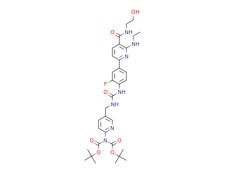 Molecular Structure of 1363568-77-7 (di(tert-butyl) [5-({[(4-{6-(ethylamino)-5-[(2-hydroxyethyl)carbamoyl]pyridin-2-yl}-2-fluorophenyl)carbamoyl]amino}methyl)pyridin-2-yl]imidodicarbonate)