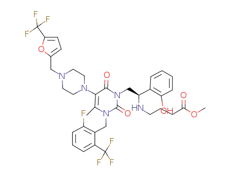 Molecular Structure of 1308380-63-3 (4-[(R)-2-{3-(2-fluoro-6-trifluoromethyl-benzyl)-4-methyl-2,6-dioxo-5-[4-(5-trifluoromethyl-furan-2-ylmethyl)-piperazin-1-yl]-3,6-dihydro-2H-pyrimidin-1-yl}-1-(2-hydroxy-phenyl)-ethylamino]-butyric acid methyl ester)